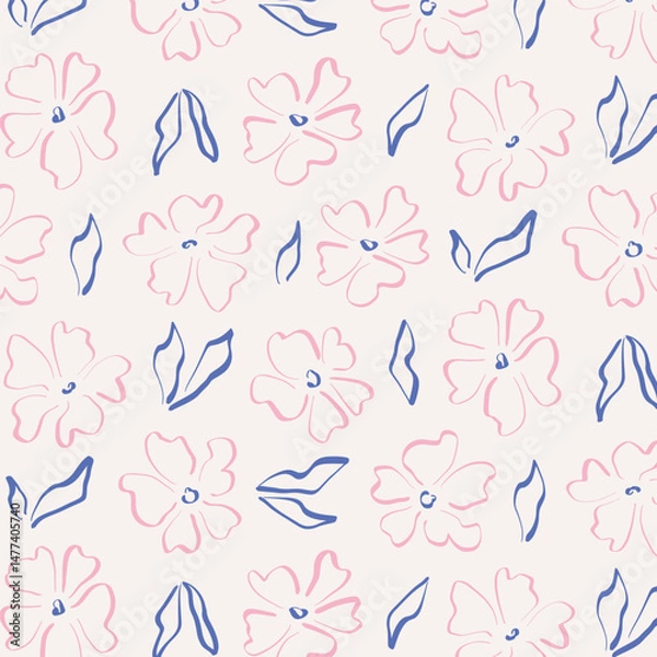 Fototapeta Abstract seamless flower pattern. Floral print with naive scribble blossom, spring summer botanical background for fabric textile design. Vector texture