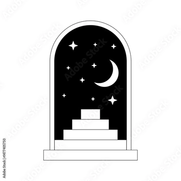 Fototapeta Surreal line door and stairs. Abstract minimal geometric frames with staircase, arch, door moon and stars. Modern boho esoteric vector illustration