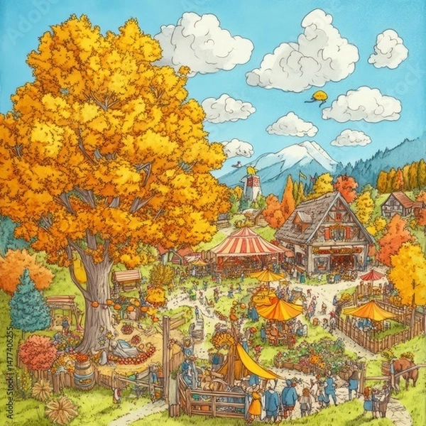 Obraz A picturesque village square bustling with activity, adorned with vibrant autumn foliage and surrounded by a mountain range.