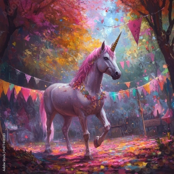 Obraz A pink unicorn walks through a festive autumn forest with colorful flags and petals on the ground.