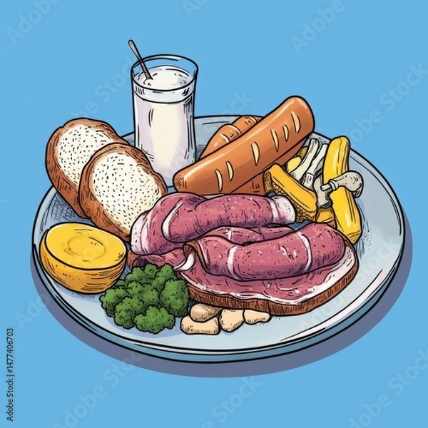 Obraz A plate of sliced ham, sausage, bread, broccoli, potatoes, and a glass of milk.