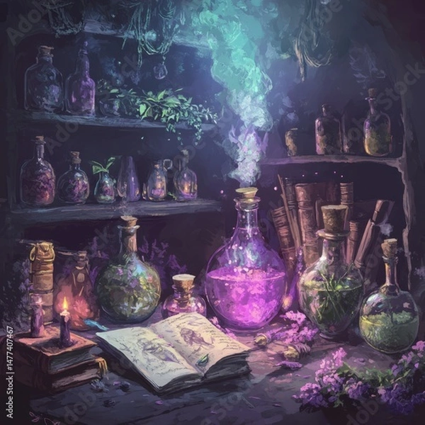 Obraz A potion brewing with purple smoke, a book open on a table with bottles and a candle.