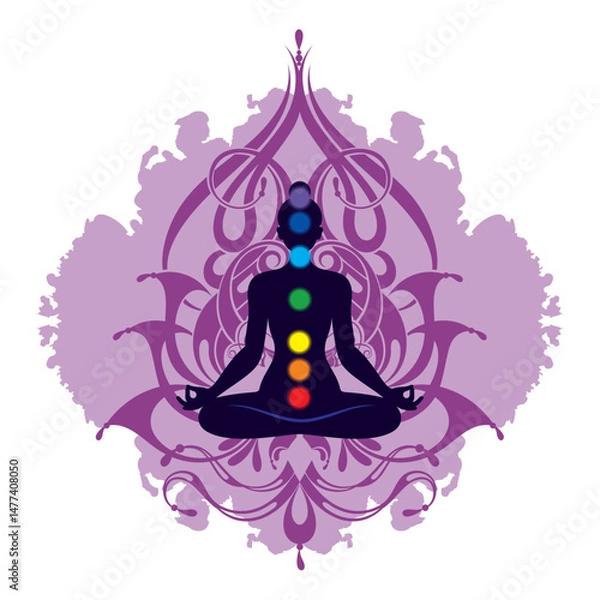 Fototapeta Yoga symbol vector illustration. Yoga logo.Silhouette of a girl doing yoga with flower on white background. Meditation silhouette.