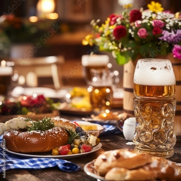 Obraz A pretzel and fruit salad on a table with a beer stein and other pastries.