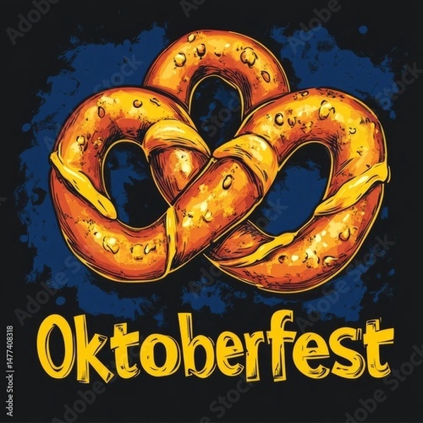 Obraz A pretzel on a blue background with the word Oktoberfest written below it.