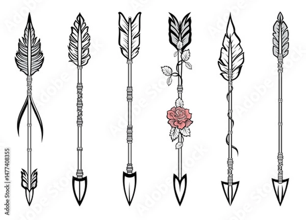 Fototapeta Collection of decorative arrows. Vector decorative arrow with rose. Arrow design set