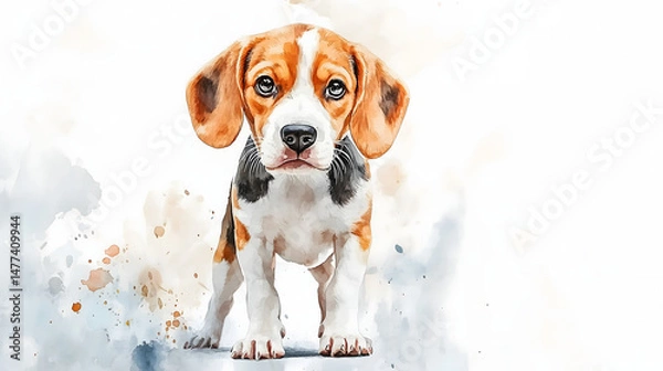 Obraz Watercolor Illustration of cute Beagle dog on White Background.