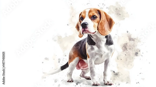 Obraz Watercolor Illustration of cute Beagle dog on White Background.