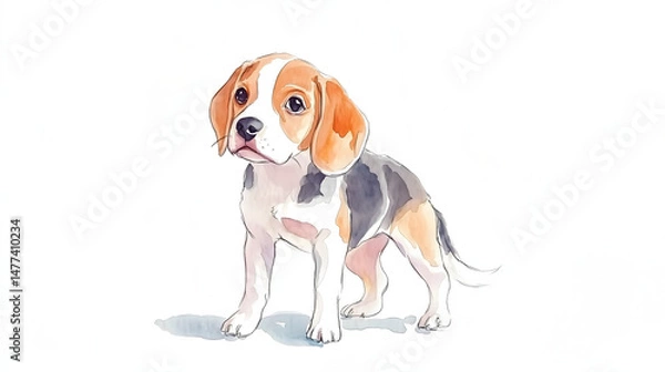 Obraz Watercolor Illustration of cute Beagle dog on White Background.