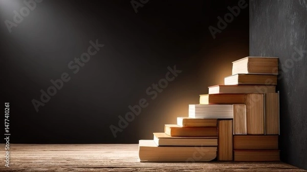 Fototapeta A staircase made from stacked books leads upward against a dark wall, symbolizing growth, knowledge, and progress.