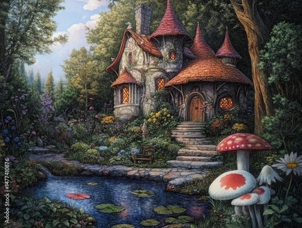 Obraz A quaint stone cottage nestled in a lush forest with a stone pathway leading to the front door. A small pond with lily pads sits in front of the cottage.