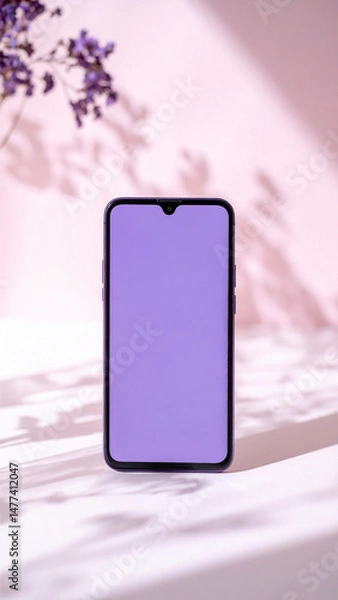 Obraz Blank smartphone screen in pastel purple shown on soft pink background mockup
