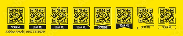 Obraz Set of 8 black QR codes with "Scan Me" labels in various frame styles on a yellow background, vector template for digital marketing or promotions.