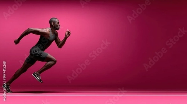 Fototapeta Side profile of track athlete in mid-leap, jumping toward right, soft pink background, minimalist flat design with depth