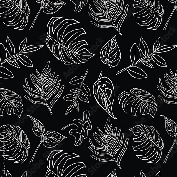 Fototapeta Tropical Monstera Seamless Leaf Pattern. Vector floral background in a trendy minimalistic linear style in pastel colors for printing packaging, fabric, t-shirts, covers, posters