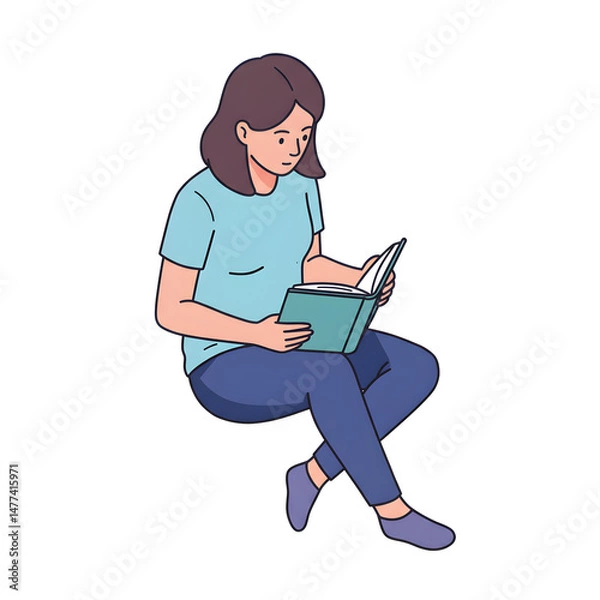 Fototapeta 静かに読書する女性、優しい色合いのイラスト