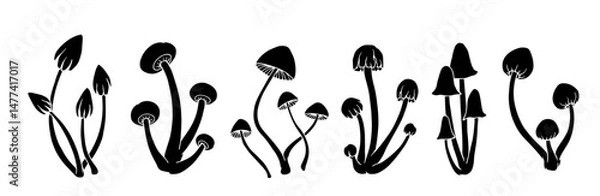 Fototapeta Set of silhouettes, stamps of autumn compositions of death cap mushrooms. Vector graphics.