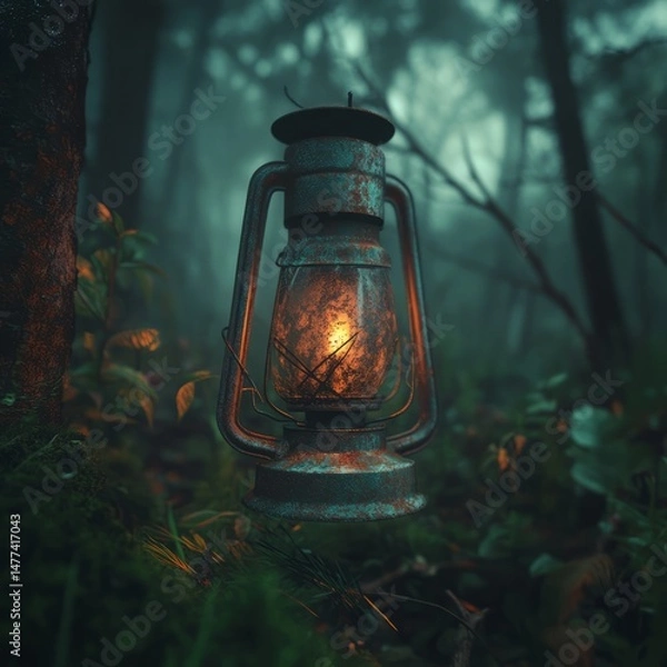 Obraz A rusty lantern glows in a dark, misty forest.