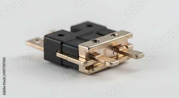 Fototapeta Macro Shot of a Electronic Switch Components for Circuit Board Connectivity in Precision Engineering with Detailed Gold Plating and Black Insulator on White Background