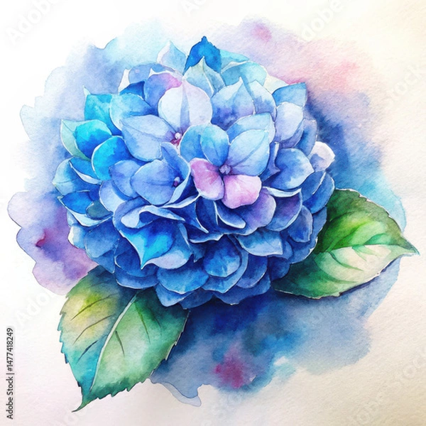 Obraz Watercolor painting of a blue hydrangea flower with leaves floral art design, illustration