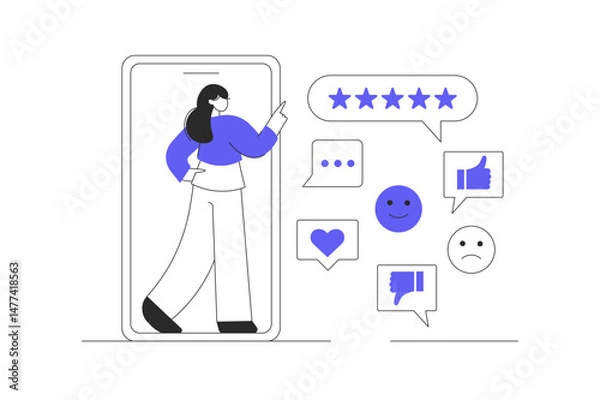 Fototapeta Woman on mobile device gives rating providing feedback on customer experience and satisfaction. Flat Cartoon Vector Illustration, icon. Stylish abstract design landing page