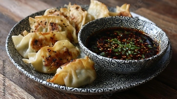Fototapeta Korean beef mandu potstickers cooked from scratch with dipping sauce