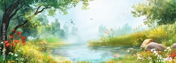 Obraz Springtime scene. Forest with river flowers. The scene is filled with tranquility. illustration background. 