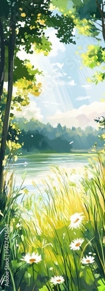 Obraz Springtime scene. Forest with river flowers. The scene is filled with tranquility. illustration background. 