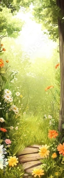 Obraz Springtime scene. Trees and flowers on the grass in the forest. The scene is filled with tranquility. illustration background. 