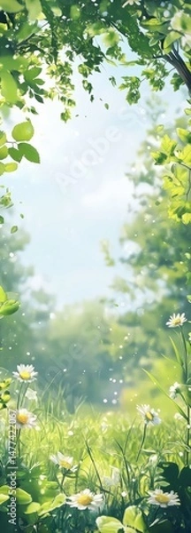 Obraz Springtime scene. Trees and flowers on the grass in the forest. The scene is filled with tranquility. illustration background. 