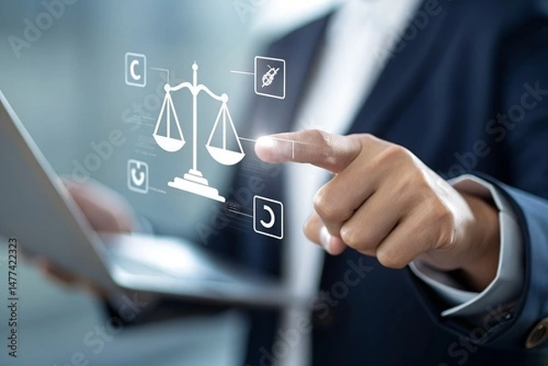 Fototapeta Justice and laws concept. AI ethics or AI law, developing AI codes of ethics. Compliance, regulation, standard and business policy. businessman touching law technology symbol on virtual screen.