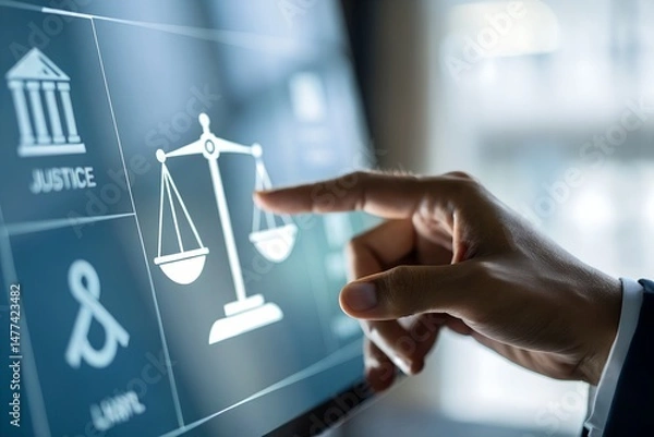 Fototapeta Justice and laws concept. AI ethics or AI law, developing AI codes of ethics. Compliance, regulation, standard and business policy. businessman touching law technology symbol on virtual screen.