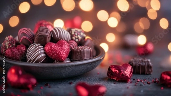 Fototapeta  A glittery pink heart surrounded by assorted chocolates with a blurred bokeh background.