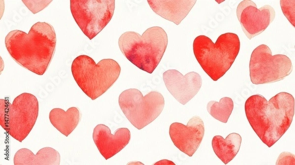 Fototapeta A pattern of various watercolor hearts in shades of red on a white background.