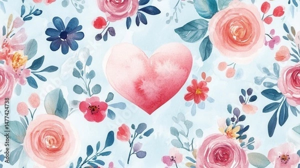 Fototapeta A pattern of various watercolor hearts in shades of red on a white background.
