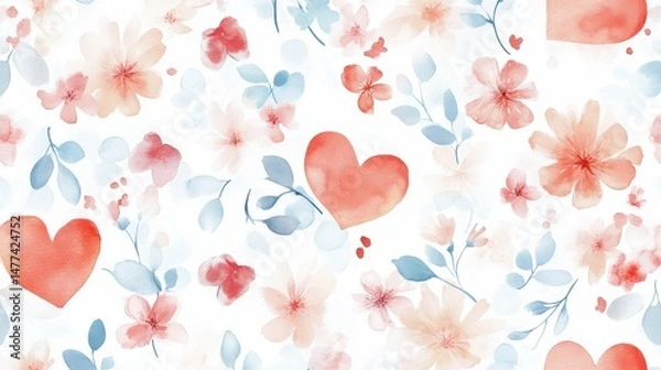 Fototapeta A pattern of various watercolor hearts in shades of red on a white background.