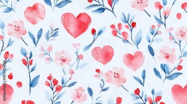 Fototapeta A pattern of various watercolor hearts in shades of red on a white background.
