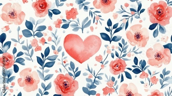Fototapeta A pattern of various watercolor hearts in shades of red on a white background.
