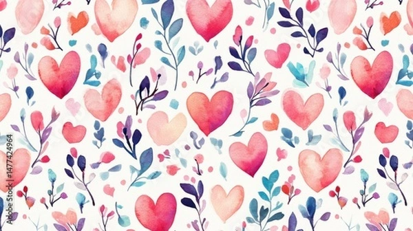 Fototapeta A pattern of various watercolor hearts in shades of red on a white background.