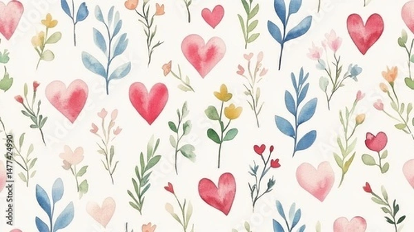 Fototapeta A pattern of various watercolor hearts in shades of red on a white background.