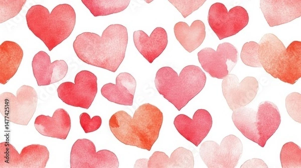 Fototapeta A pattern of various watercolor hearts in shades of red on a white background.