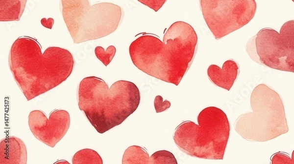 Fototapeta A pattern of various watercolor hearts in shades of red on a white background.