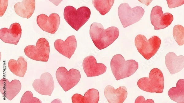 Fototapeta A pattern of various watercolor hearts in shades of red on a white background.
