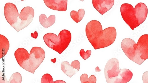 Fototapeta A pattern of various watercolor hearts in shades of red on a white background.