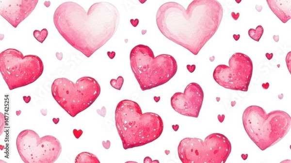 Fototapeta A pattern of various watercolor hearts in shades of red on a white background.