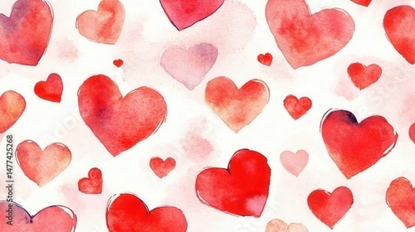 Fototapeta A pattern of various watercolor hearts in shades of red on a white background.