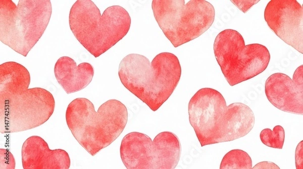 Fototapeta A pattern of various watercolor hearts in shades of red on a white background.