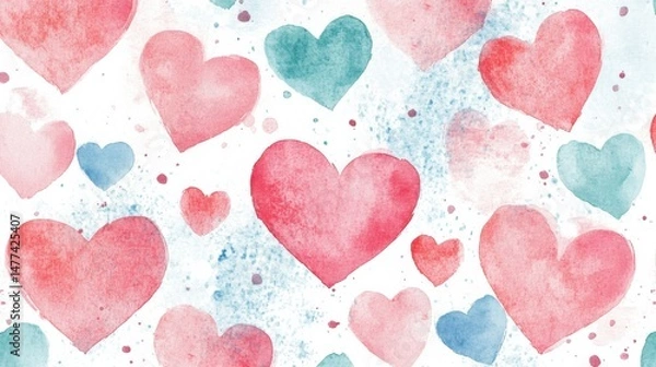 Fototapeta A pattern of various watercolor hearts in shades of red on a white background.