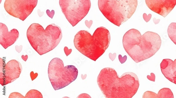 Fototapeta A pattern of various watercolor hearts in shades of red on a white background.