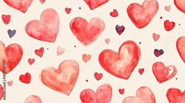 Fototapeta A pattern of various watercolor hearts in shades of red on a white background.